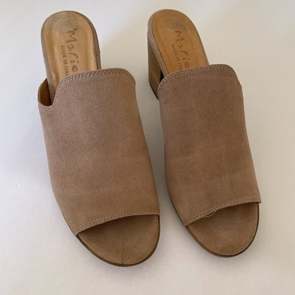 Mariella Sandals Mules Heels Tan Suede Open-Toe Made in Italy Womens Size 8 - Picture 1 of 14